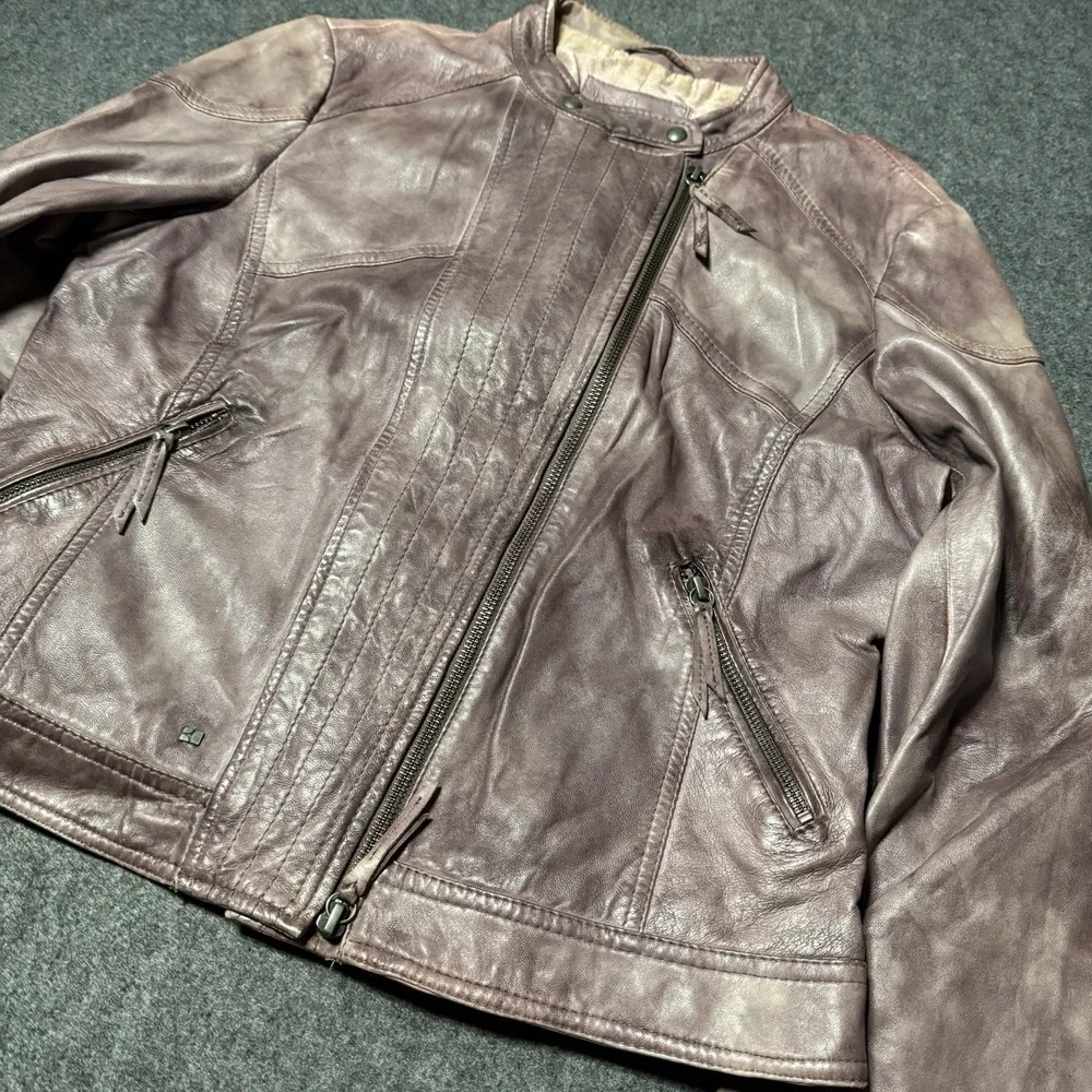 VTG Y2K Hugo Boss Orange Womens Genuine Leather‎ Moto Jacket Size M 18.5x21 Goth - Picture 2 of 9